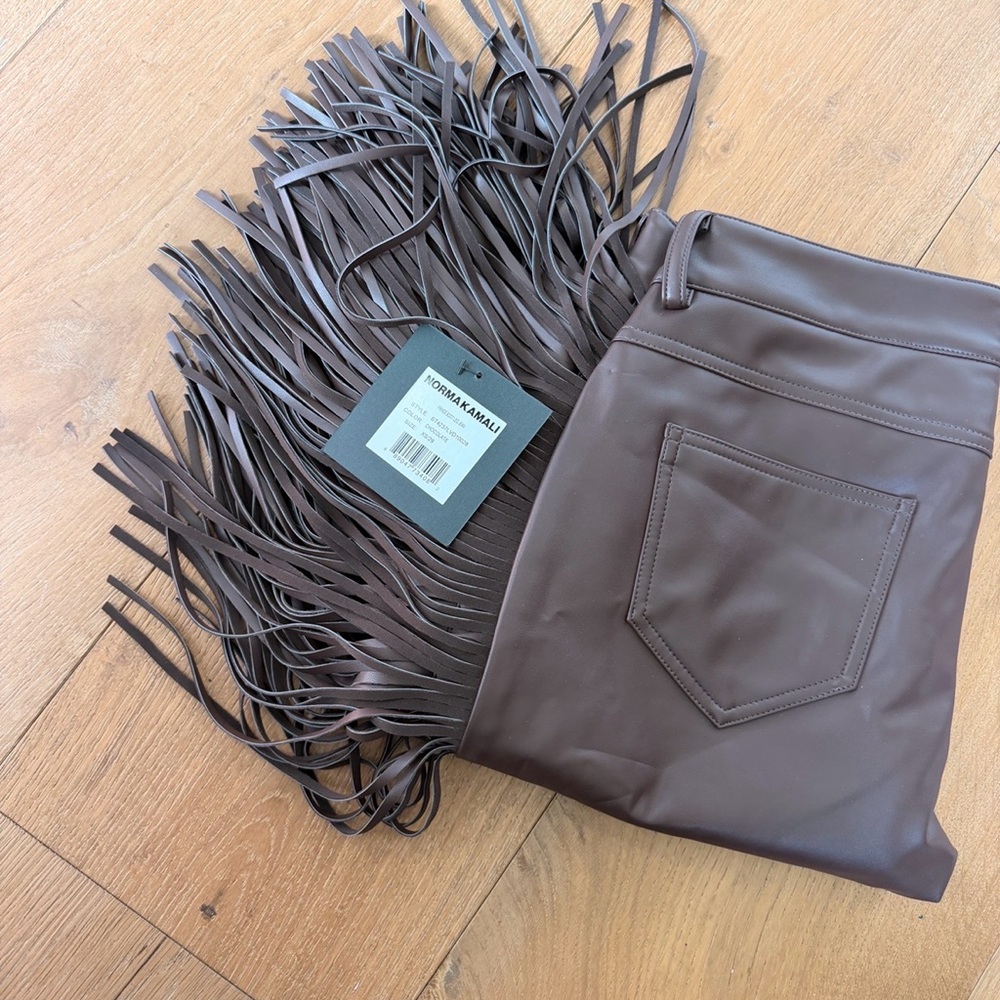 Norma Kamali Brown Faux-Leather Fringe Bootcut Jeans